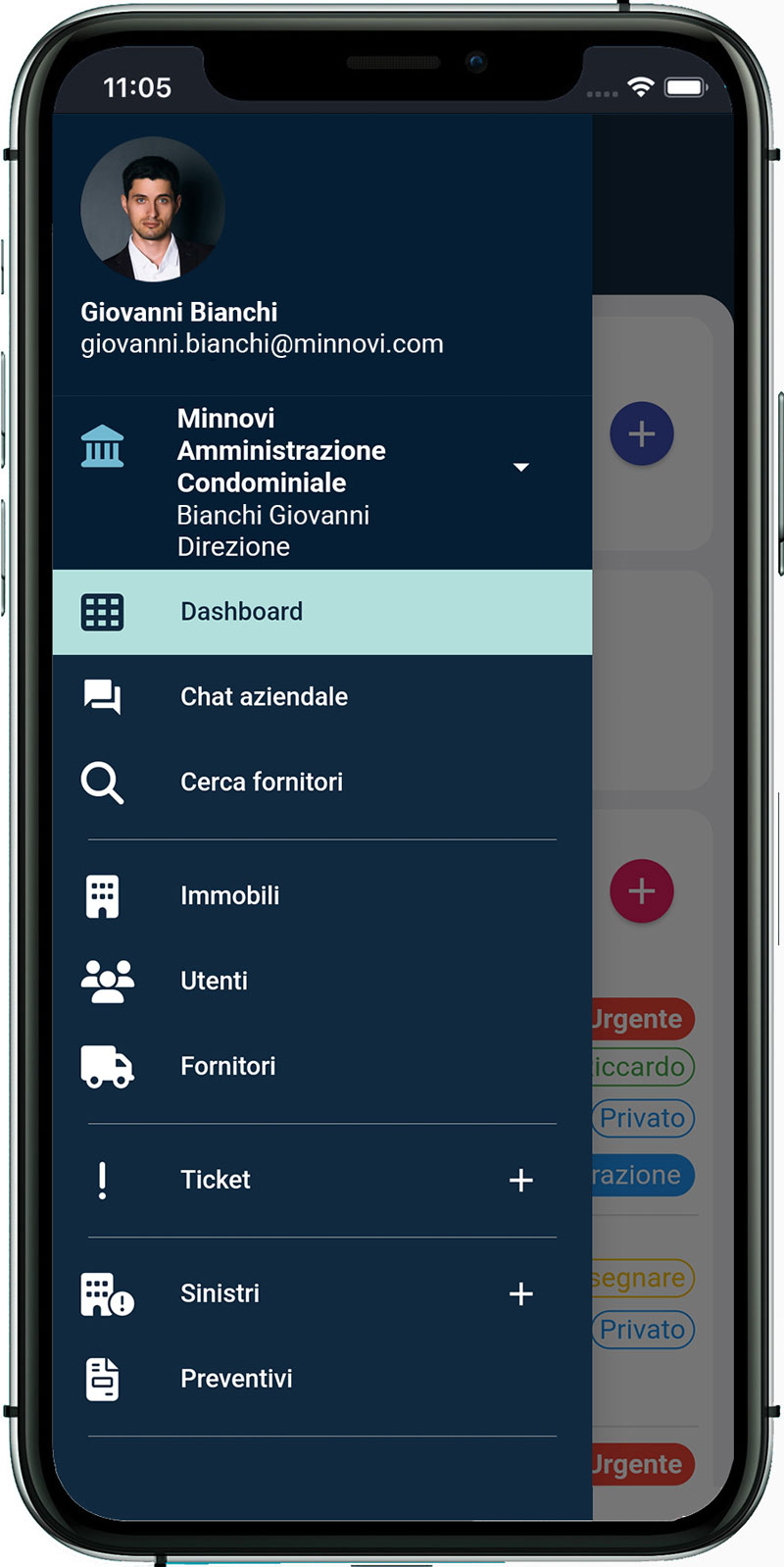 Menù app mobile Amministro.io Menù app mobile Amministro.io